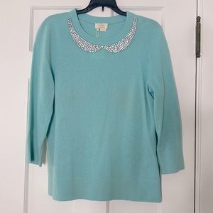 Kate Spade New York blue Cashmere sweater with Rhinestone collar. Size Large